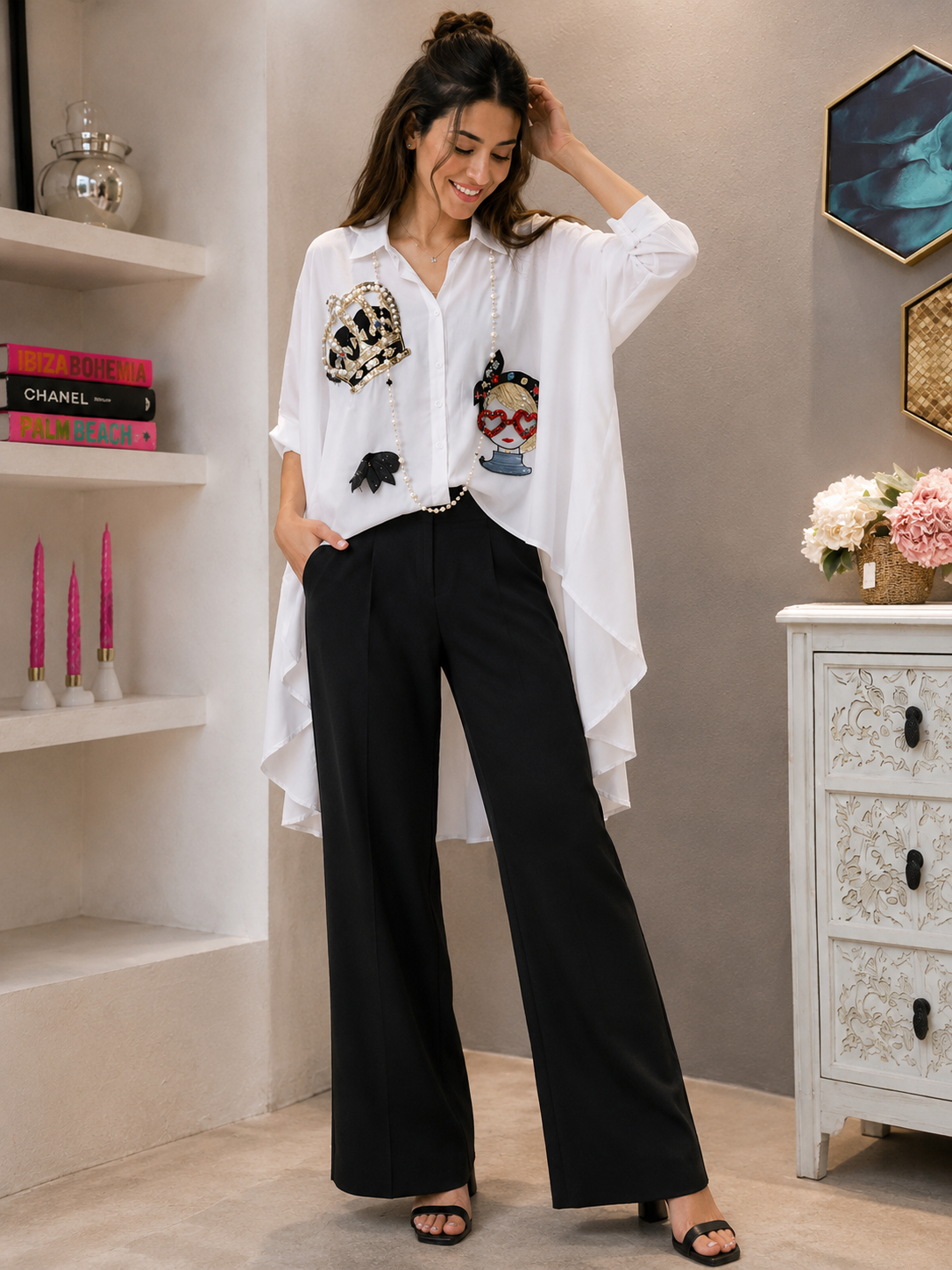 Gaga Rhinestone Detailing High Low Shirt