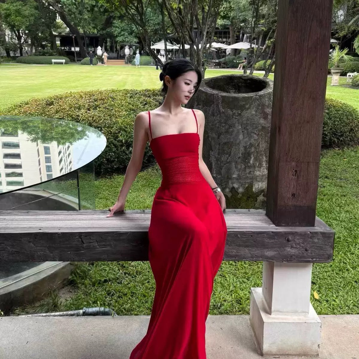 Lina Elegant Red Ruched Maxi Slip Dress - Made For Her Label