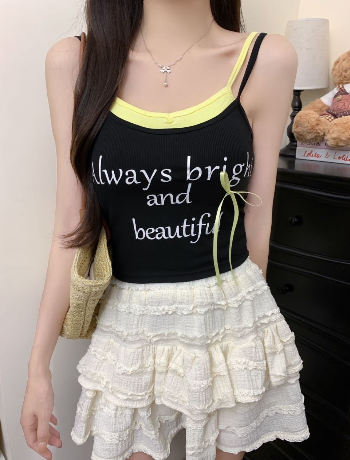 Noemi Ribbon Letter Print Padded Cami Top - Made For Her Label