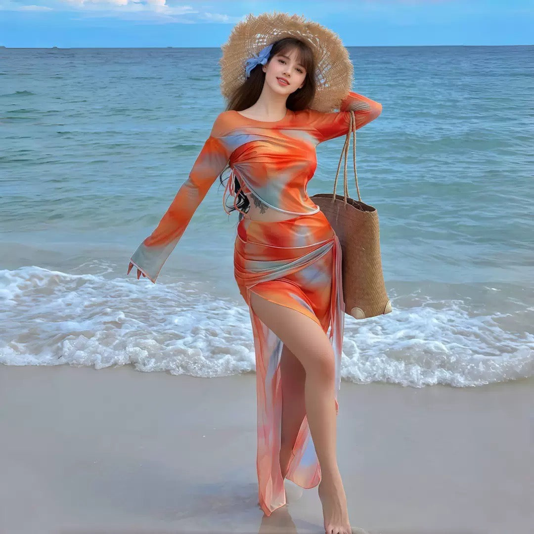 Charlie Abstract Print 3 Piece Bikini Set With Mesh Ruched Cover-Up Skirt - Made For Her Label