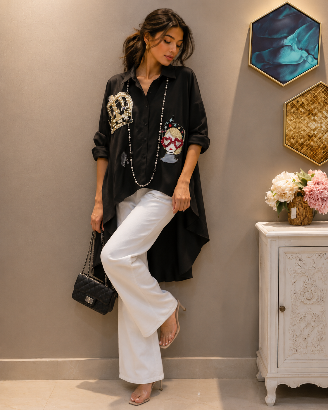 Gaga Rhinestone Detailing High Low Shirt