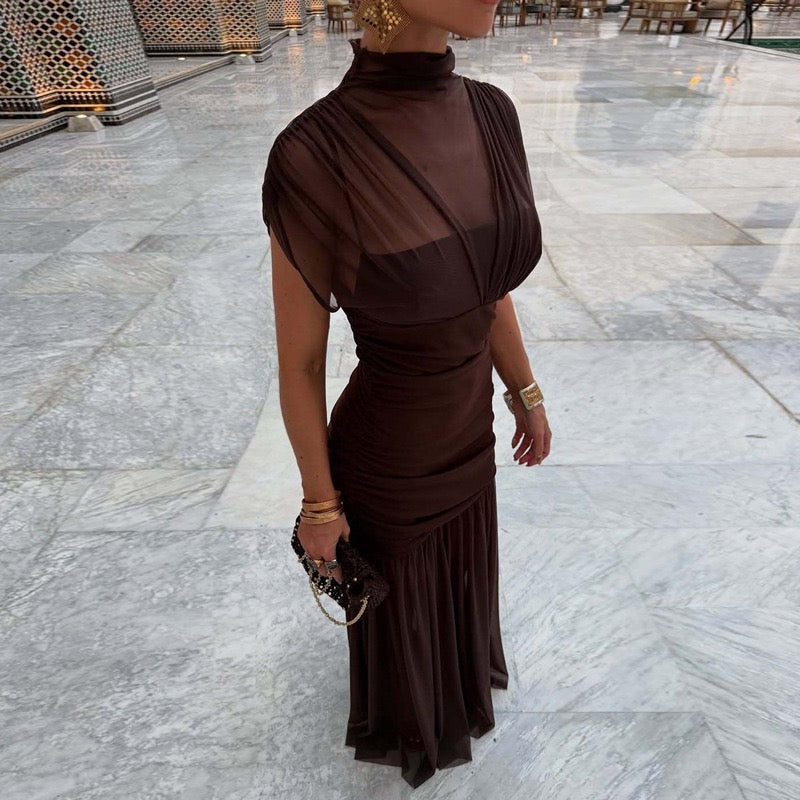 Victoria Chocolate Brown Sheer Mesh Ruched Maxi Dress - Made For Her Label