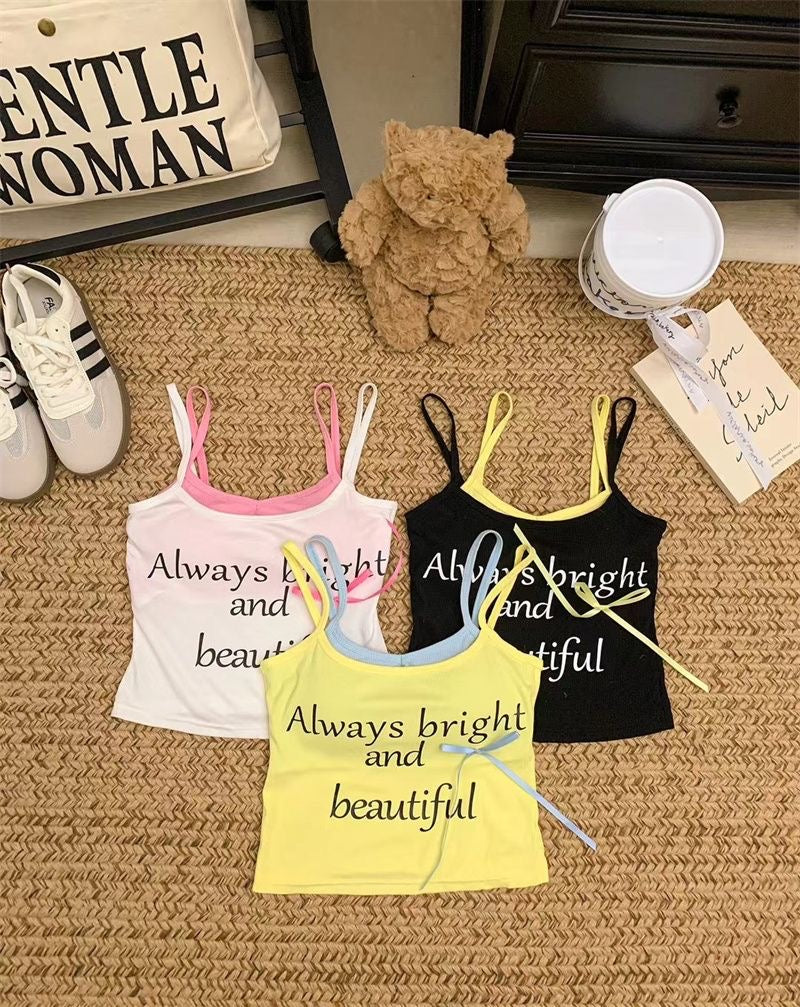 Noemi Ribbon Letter Print Padded Cami Top - Made For Her Label