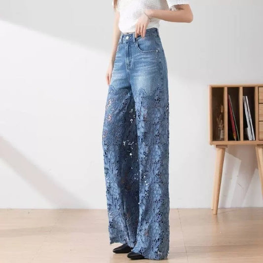 Bluebell High Waist Floral Lace Patchwork Wide Leg Jeans - Made For Her Label