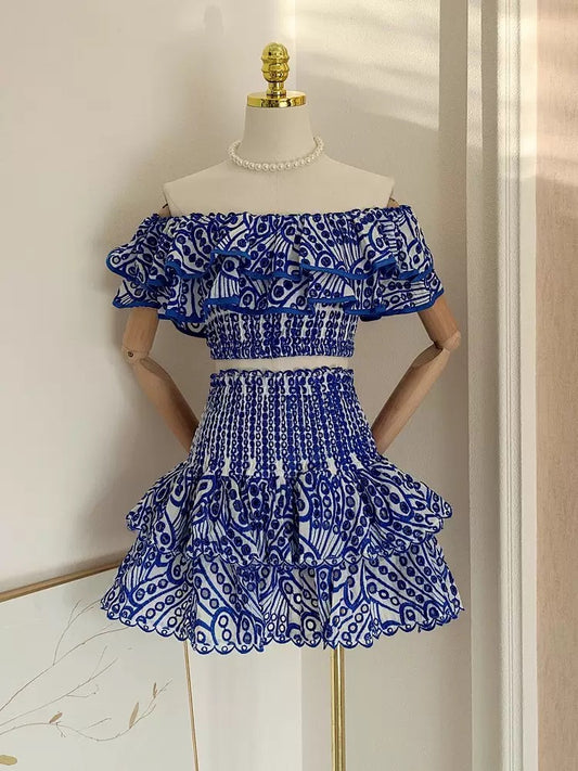 Amalfi Blue Porcelain Print Ruffle Crop Top & Mini Skirt Co-Ord Set - Made For Her Label