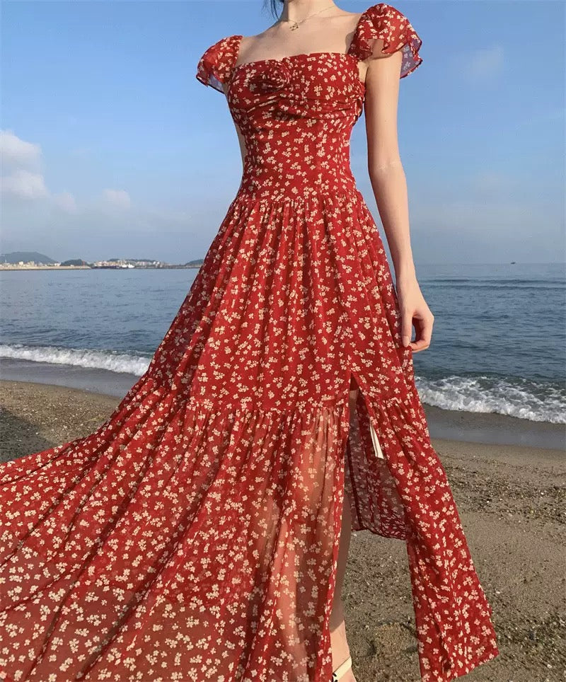 Rosin Red Floral Smocked Maxi Beach Dress - Made For Her Label