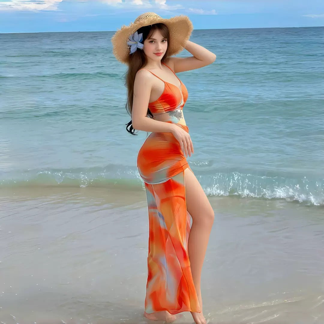 Charlie Abstract Print 3 Piece Bikini Set With Mesh Ruched Cover-Up Skirt - Made For Her Label