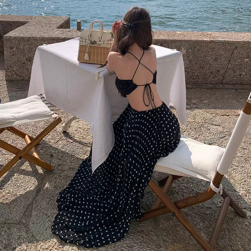 Avelis Black Polka Dot Halter Backless Maxi Dress