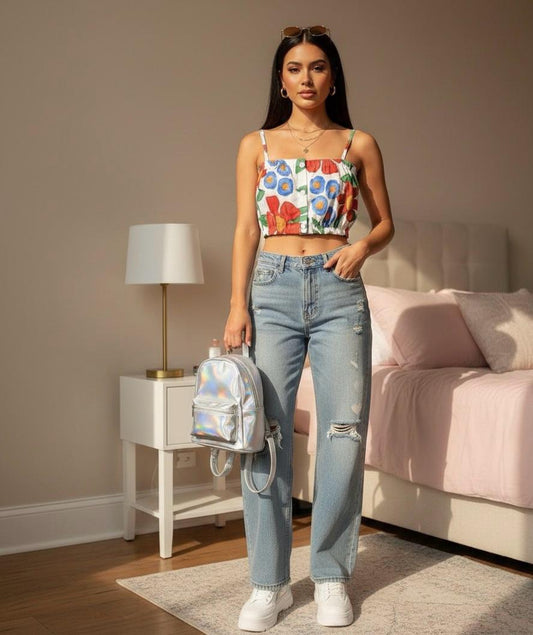 Flower Print Front Button Crop Top - Made For Her Label