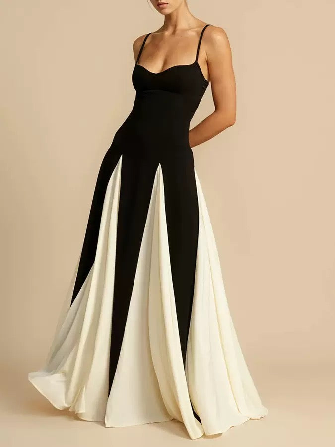 Alma Black & Off White Contrast Panel Maxi Evening Dress - Made For Her Label