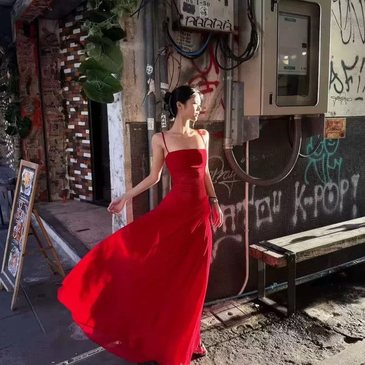 Lina Elegant Red Ruched Maxi Slip Dress - Made For Her Label