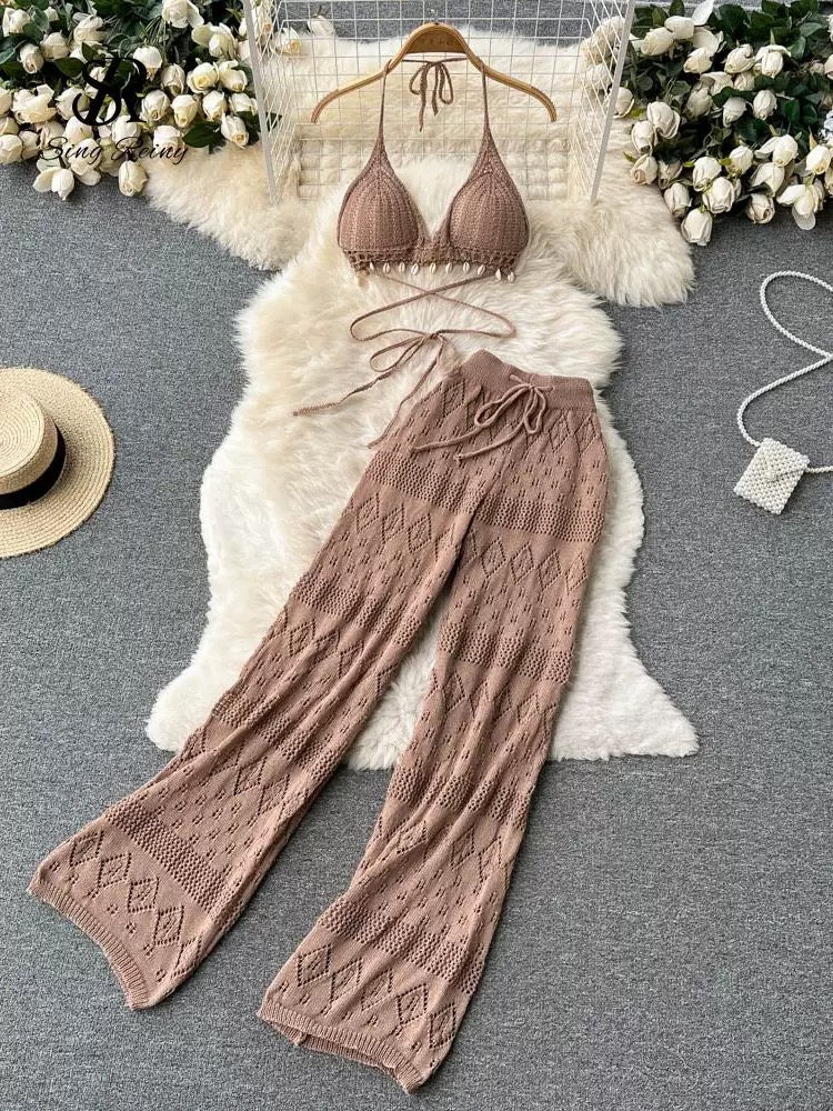 Sage Crochet Knit Bralette & Wide Leg Pants Co-Ord Set - Made For Her Label