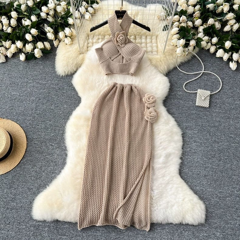 Bruno Beige Knit Rose Appliqué Halter Crop Top & Maxi Skirt Co-Ord Set - Made For Her Label