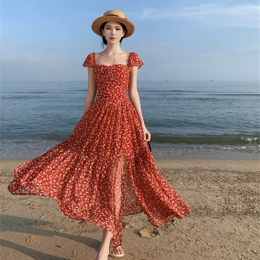 Rosin Red Floral Smocked Maxi Beach Dress - Made For Her Label