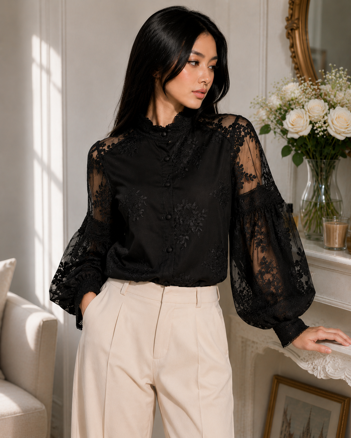 Karla Lantern Sleeve Mesh Blouse - Made For Her Label