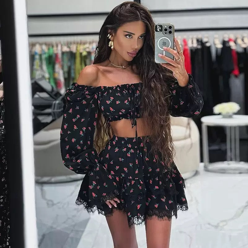 Cabo Black Cherry Print Ruched Crop Top & Mini Skirt Co-Ord Set - Made For Her Label