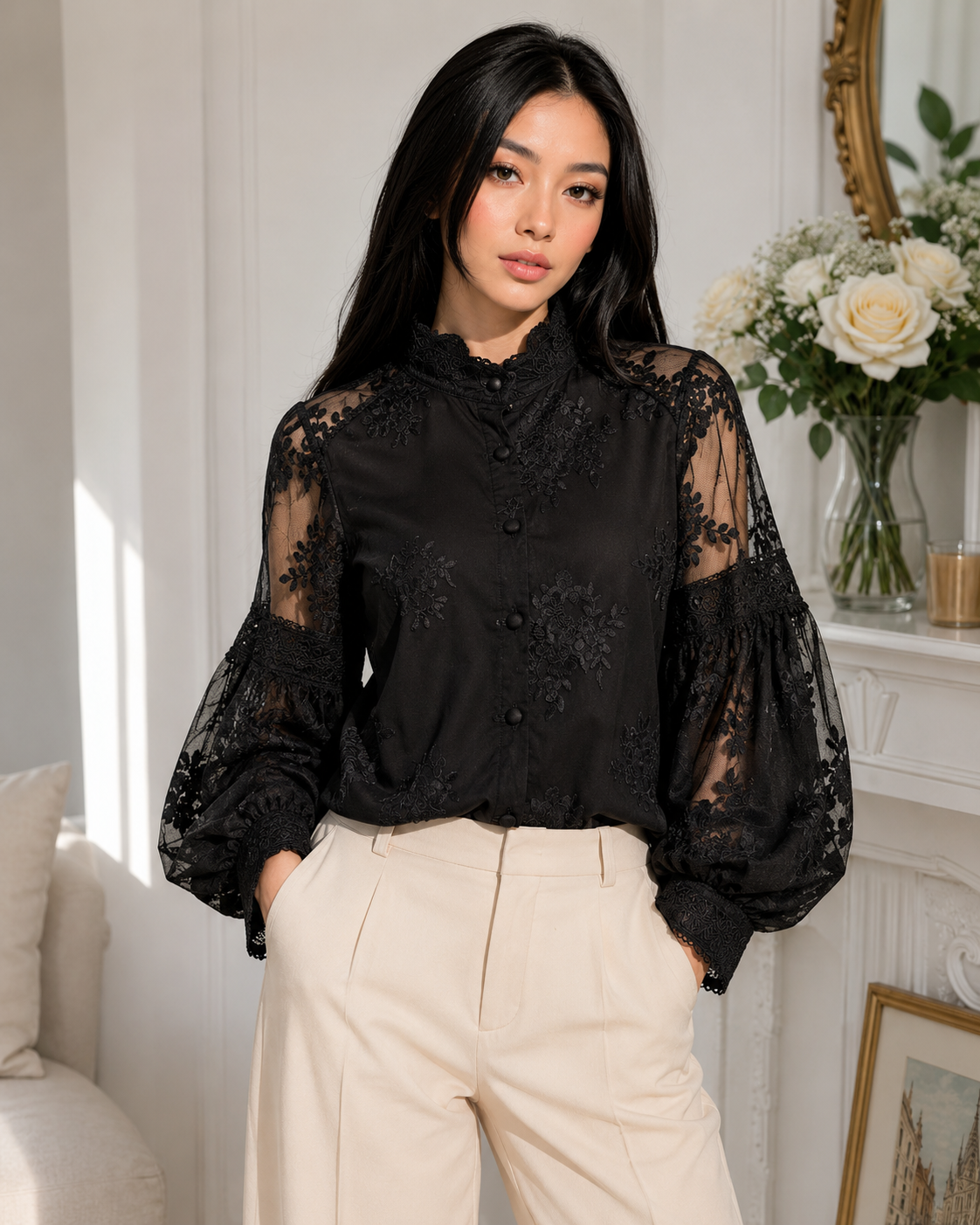 Karla Lantern Sleeve Mesh Blouse - Made For Her Label