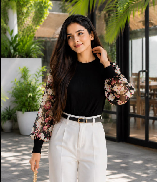 Floral Lantern Sleeve Knitted Top
