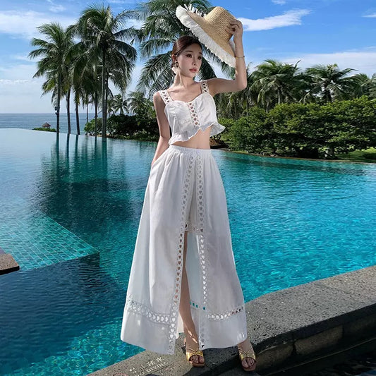 Jenna White Cutwork Embroidered Crop Top & Maxi Skirt Co-Ord Set - Made For Her Label