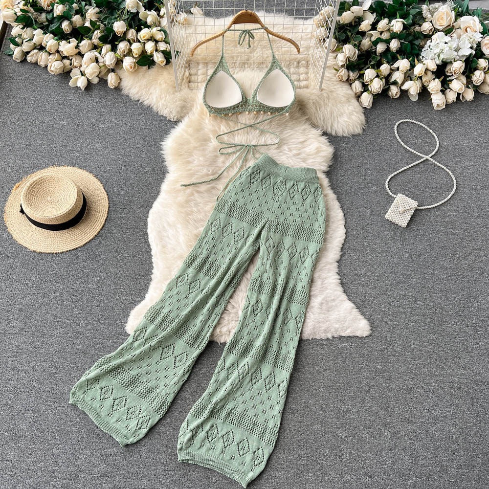 Sage Crochet Knit Bralette & Wide Leg Pants Co-Ord Set - Made For Her Label