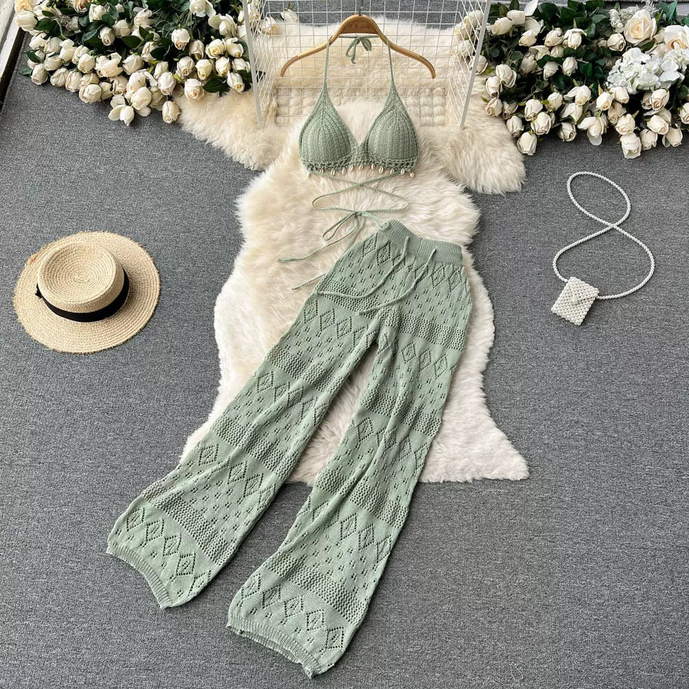 Sage Crochet Knit Bralette & Wide Leg Pants Co-Ord Set - Made For Her Label