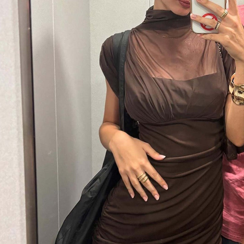 Victoria Chocolate Brown Sheer Mesh Ruched Maxi Dress - Made For Her Label