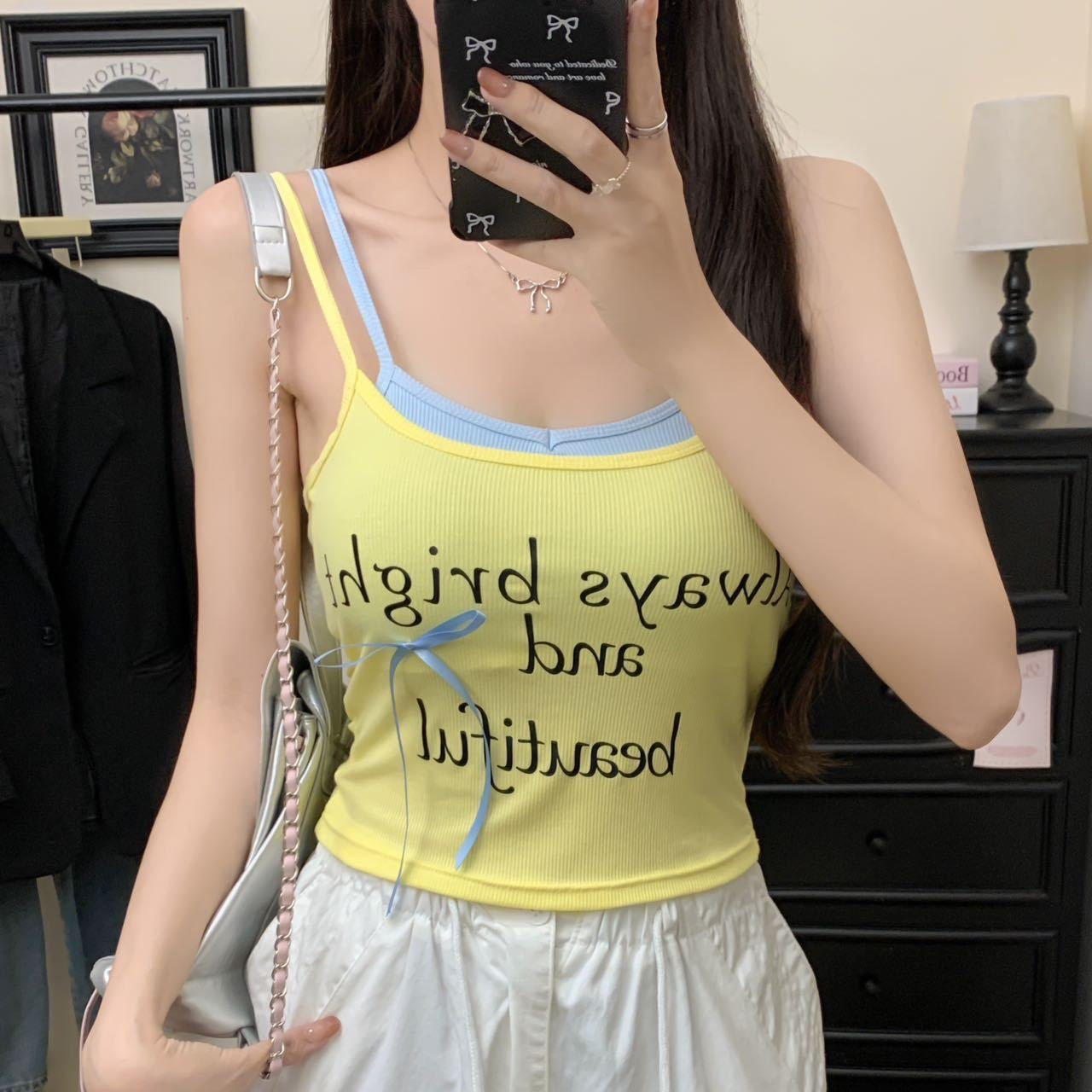 Noemi Ribbon Letter Print Padded Cami Top - Made For Her Label