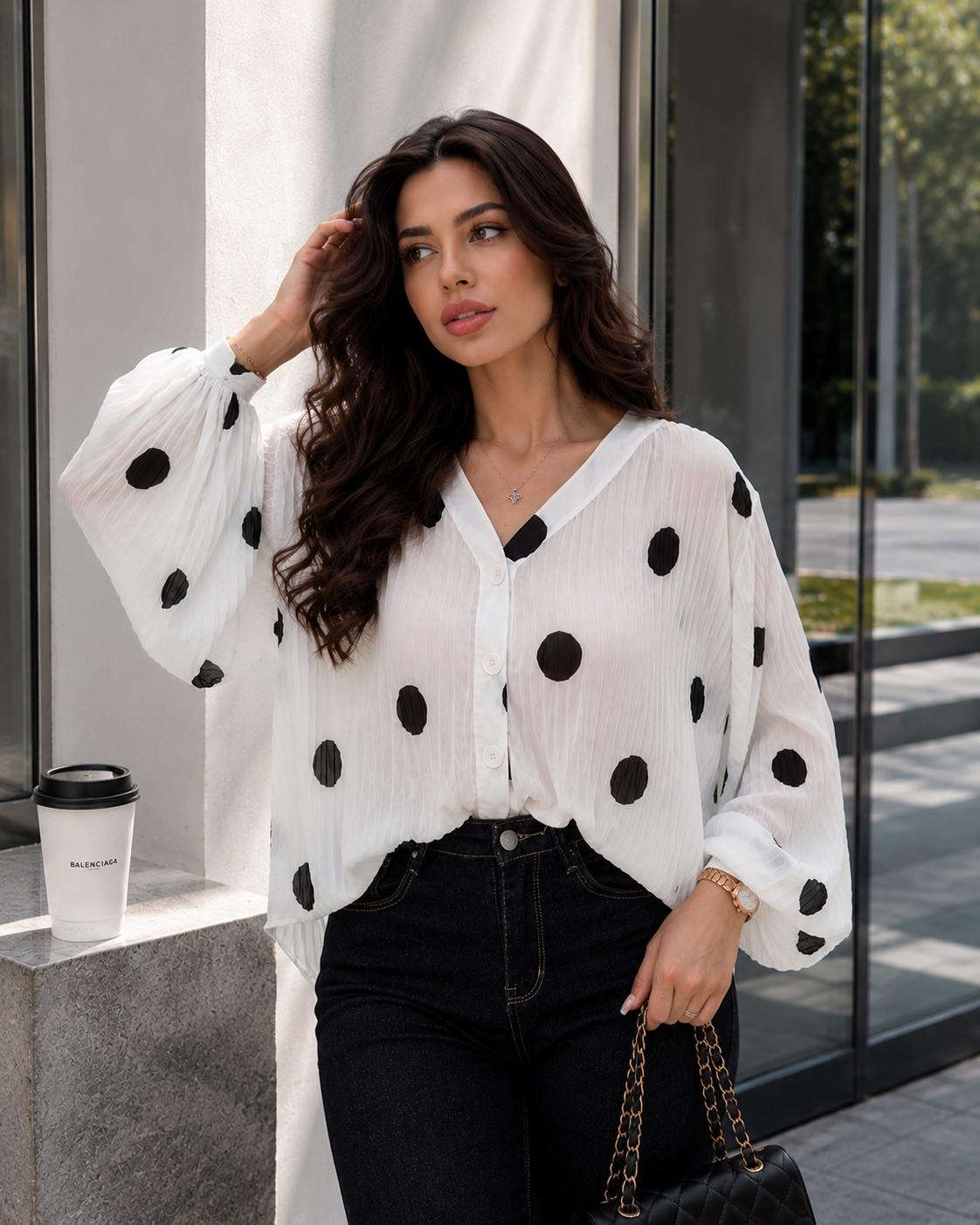 Polka Dot Chiffon Loose  Shirt