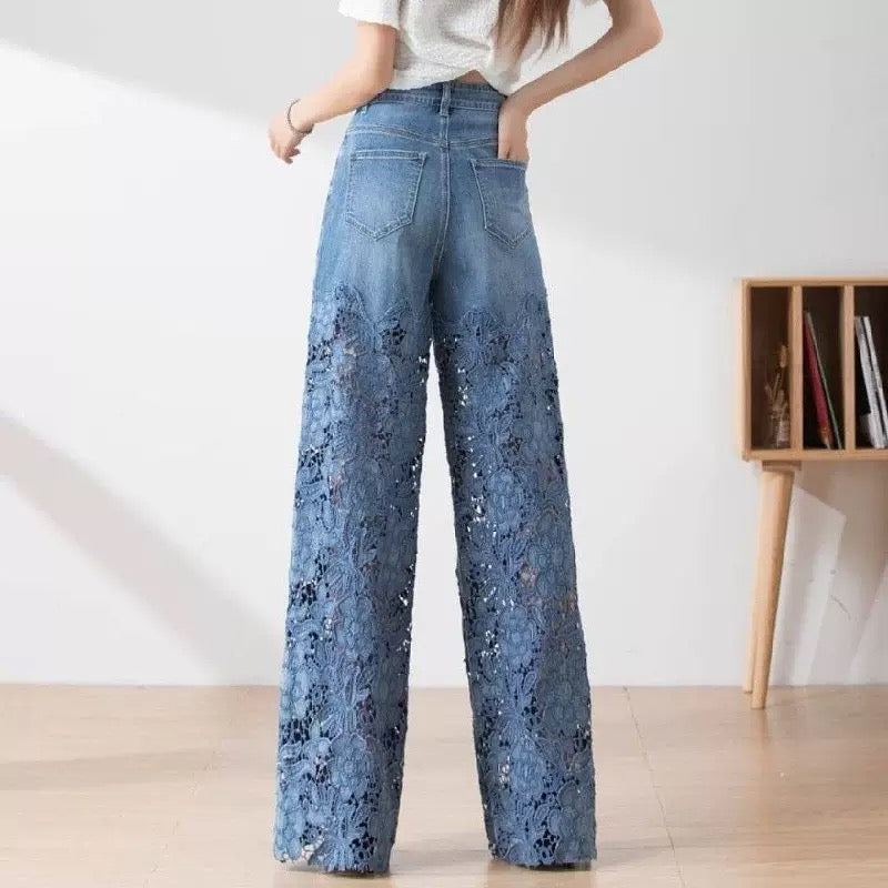 Bluebell High Waist Floral Lace Patchwork Wide Leg Jeans - Made For Her Label