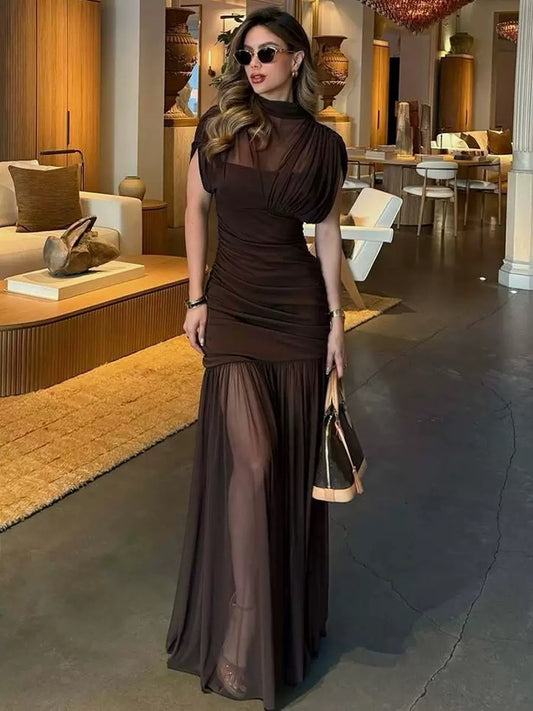 Victoria Chocolate Brown Sheer Mesh Ruched Maxi Dress - Made For Her Label