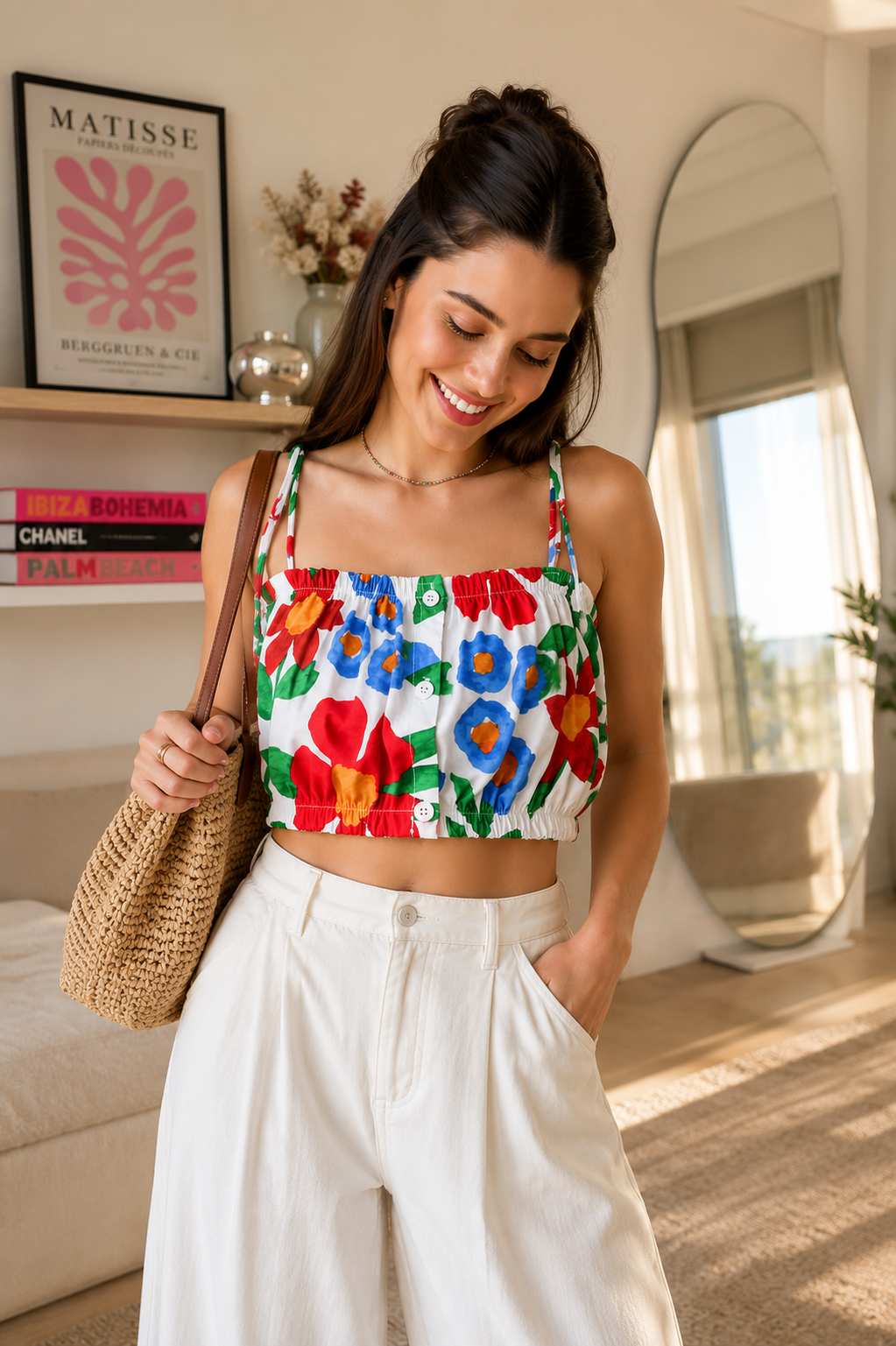 Flower Print Front Button Crop Top