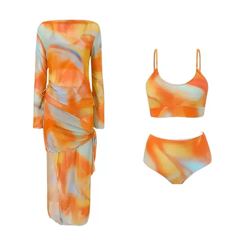 Charlie Abstract Print 3 Piece Bikini Set With Mesh Ruched Cover-Up Skirt - Made For Her Label