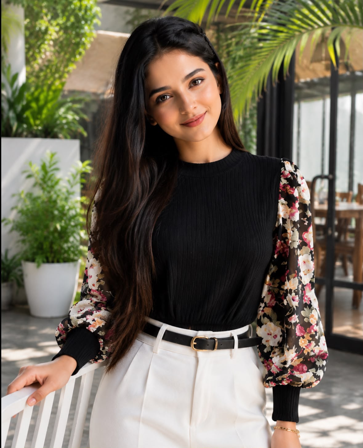 Floral Lantern Sleeve Knitted Top - Made For Her Label