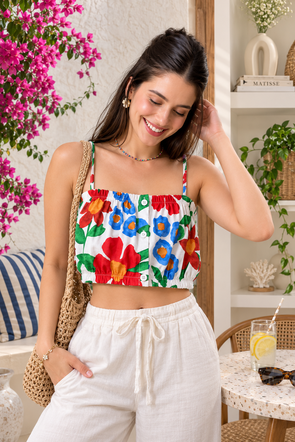 Flower Print Front Button Crop Top