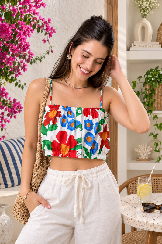 Flower Print Front Button Crop Top - Made For Her Label