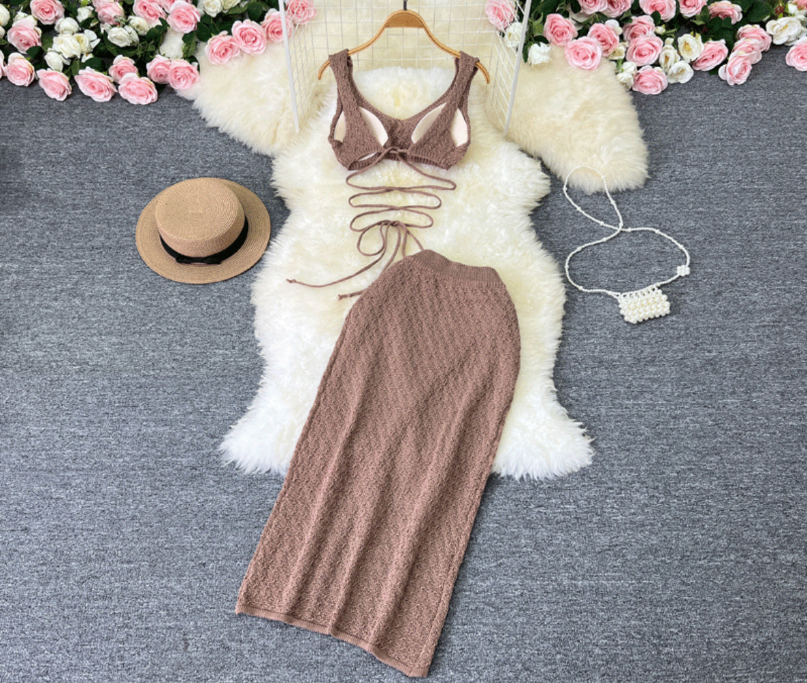 Felix Mocha Brown Knit Lace-Up Bralette & Maxi Skirt Co-Ord Set - Made For Her Label