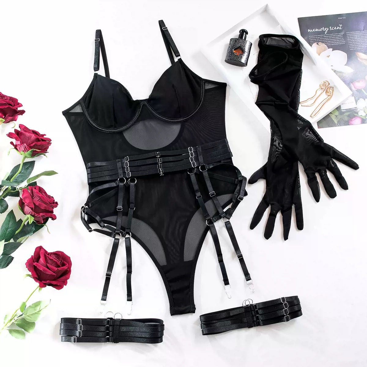 Roderno Mesh Intimate Wear Bodysuit With Thigh Cuffs And Gloves