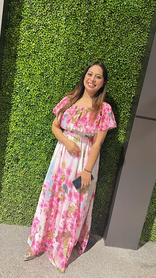 Naina in Our Houston Off Shoulder Floral Maxi Dress