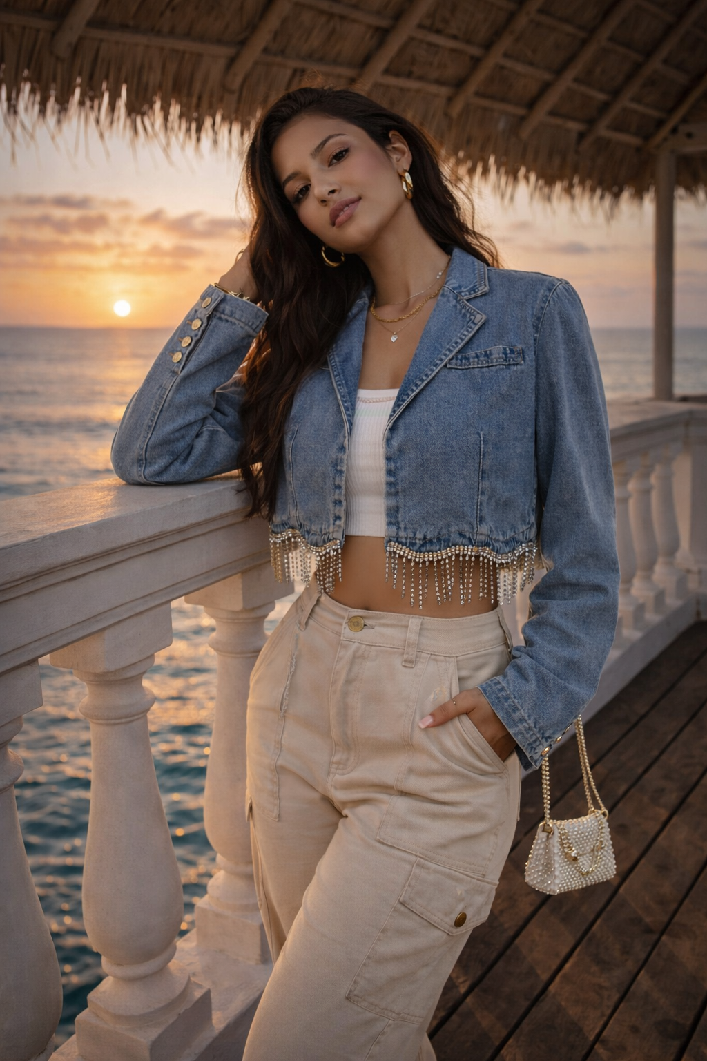Ruhani Rhinestone Tassel  Blue Crop Full Sleeve Denim Jacket - Made For Her Label
