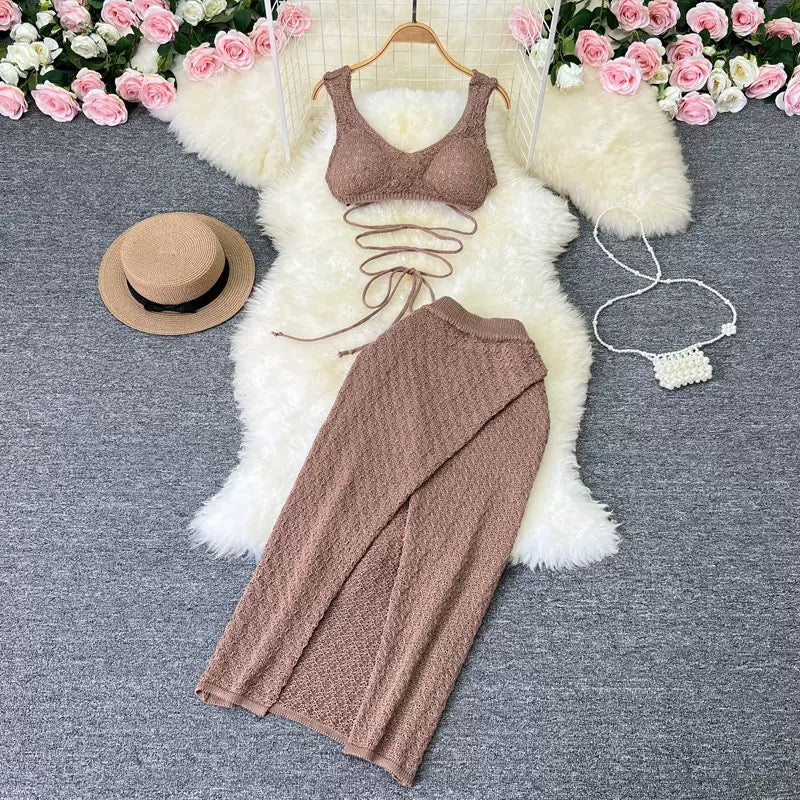 Felix Mocha Brown Knit Lace-Up Bralette & Maxi Skirt Co-Ord Set - Made For Her Label
