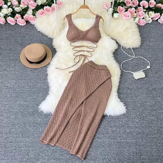 Felix Mocha Brown Knit Lace-Up Bralette & Maxi Skirt Co-Ord Set - Made For Her Label