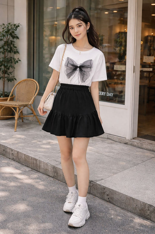 Minato Bow Tee With Skirt set - Made For Her Label