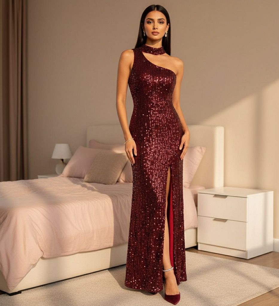 Vanessa Sequin Choker Slit Dress - Made For Her Label