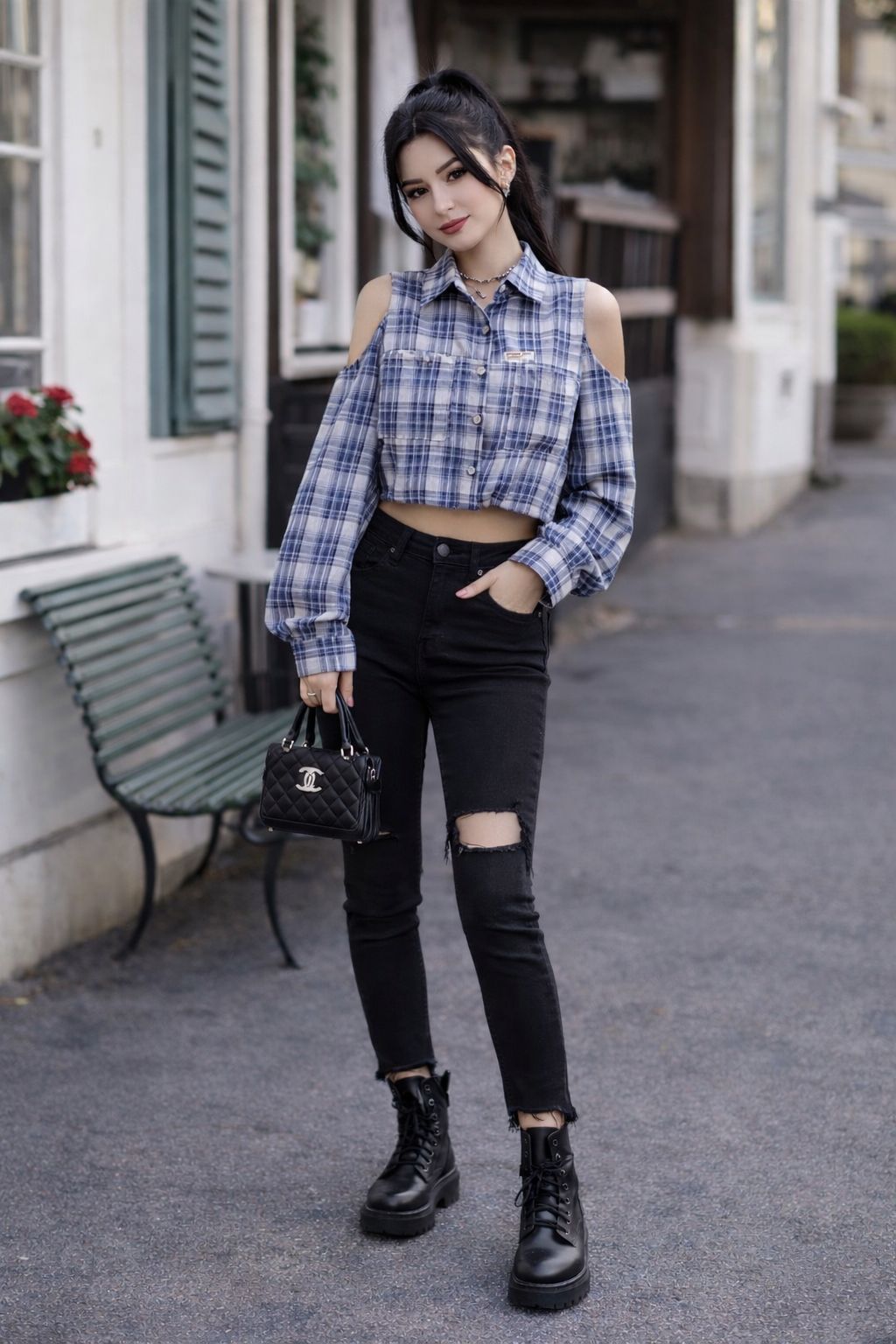 Cold Shoulder Checkered Shirt With Pants Set
