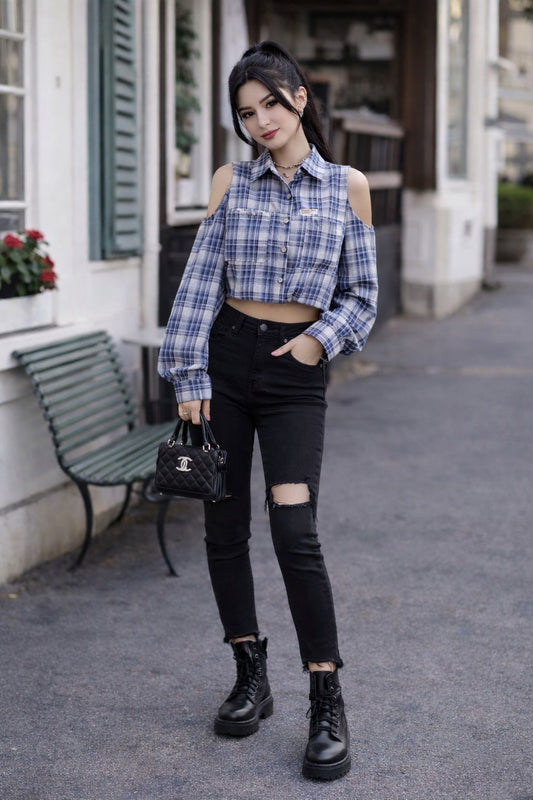 Cold Shoulder Checkered Shirt With Pants Set