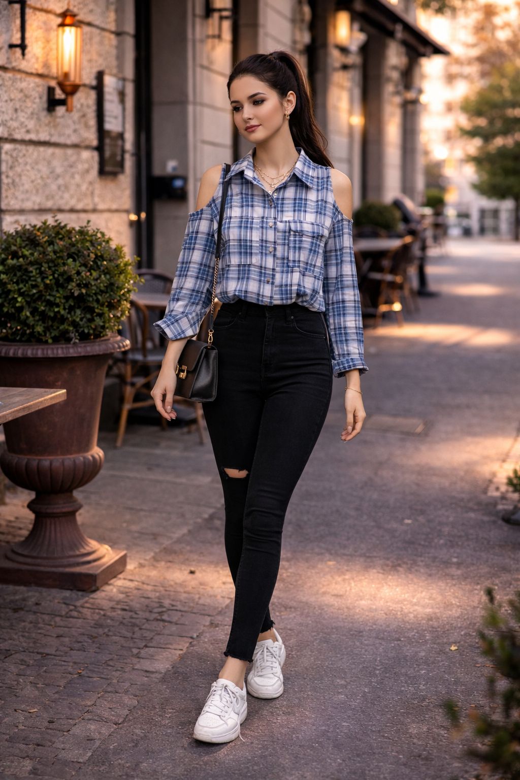 Cold Shoulder Checkered Shirt With Pants Set