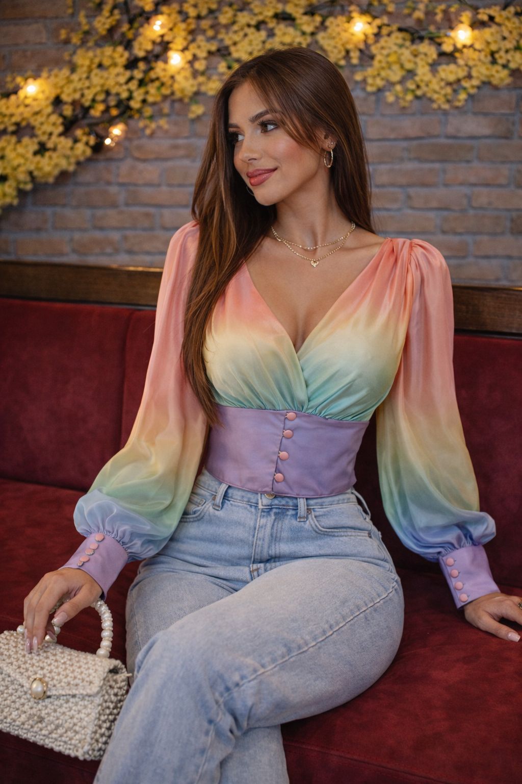 V Neck Colourful Gradient Lantern Sleeve Blouse - Made For Her Label