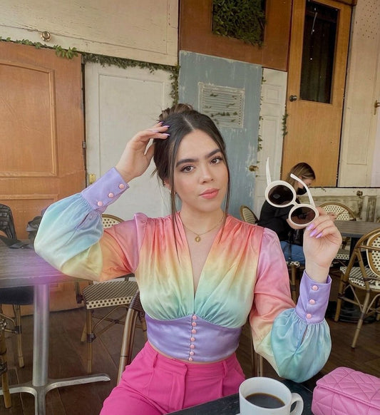 V Neck Colourful Gradient Lantern Sleeve Blouse - Made For Her Label