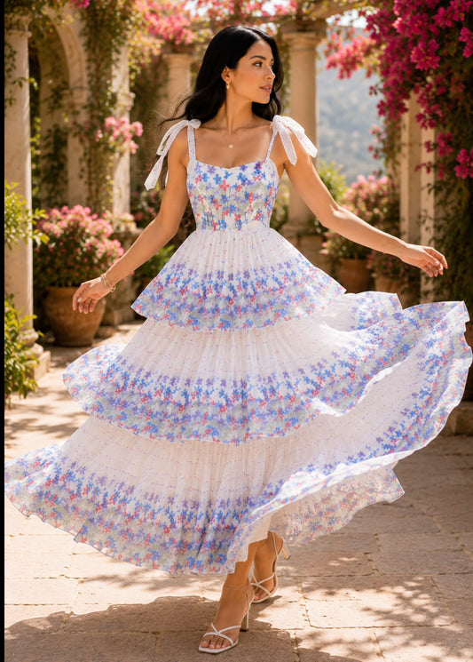 Katrina  Shoulder Knotting Floral Ruffle Dress - Made For Her Label