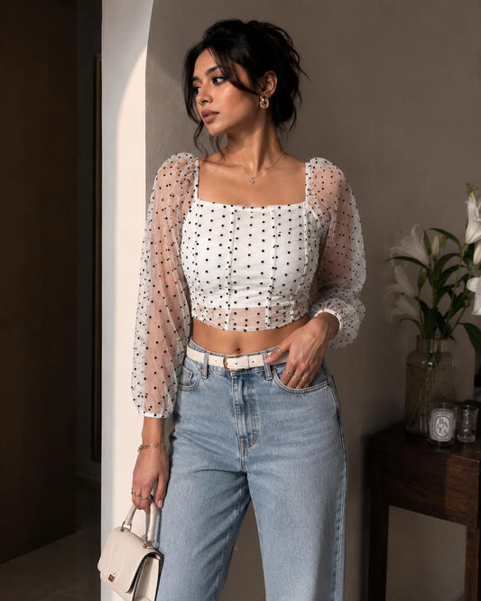 Ruched Polka Square Neck Top